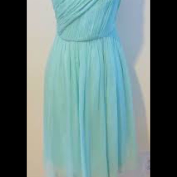 David’s Bridal Dress One Shoulder Fit Flare Dress pleated chest Blue/Green Mini - Picture 2 of 13